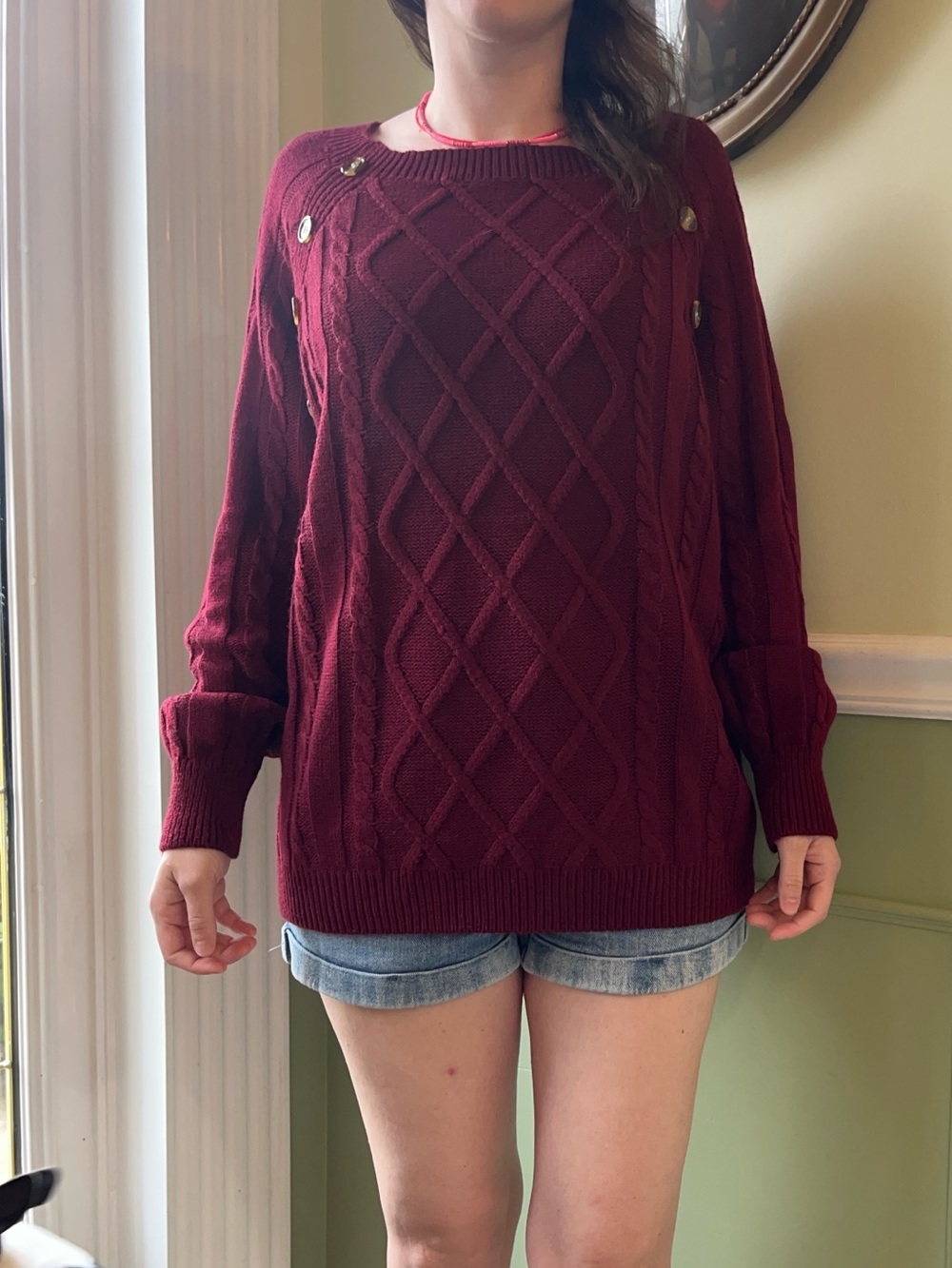 Cable knit red sweater with buttons